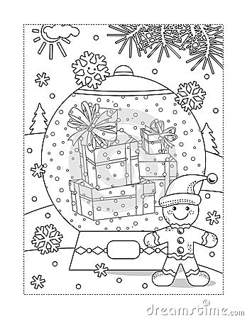Snowglobe with heap of holiday presents and gingerbread man coloring page Vector Illustration